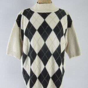 Vtg Silk Collection Womens M Ivory Black Beige Argyle Silk Angora SS Sweater